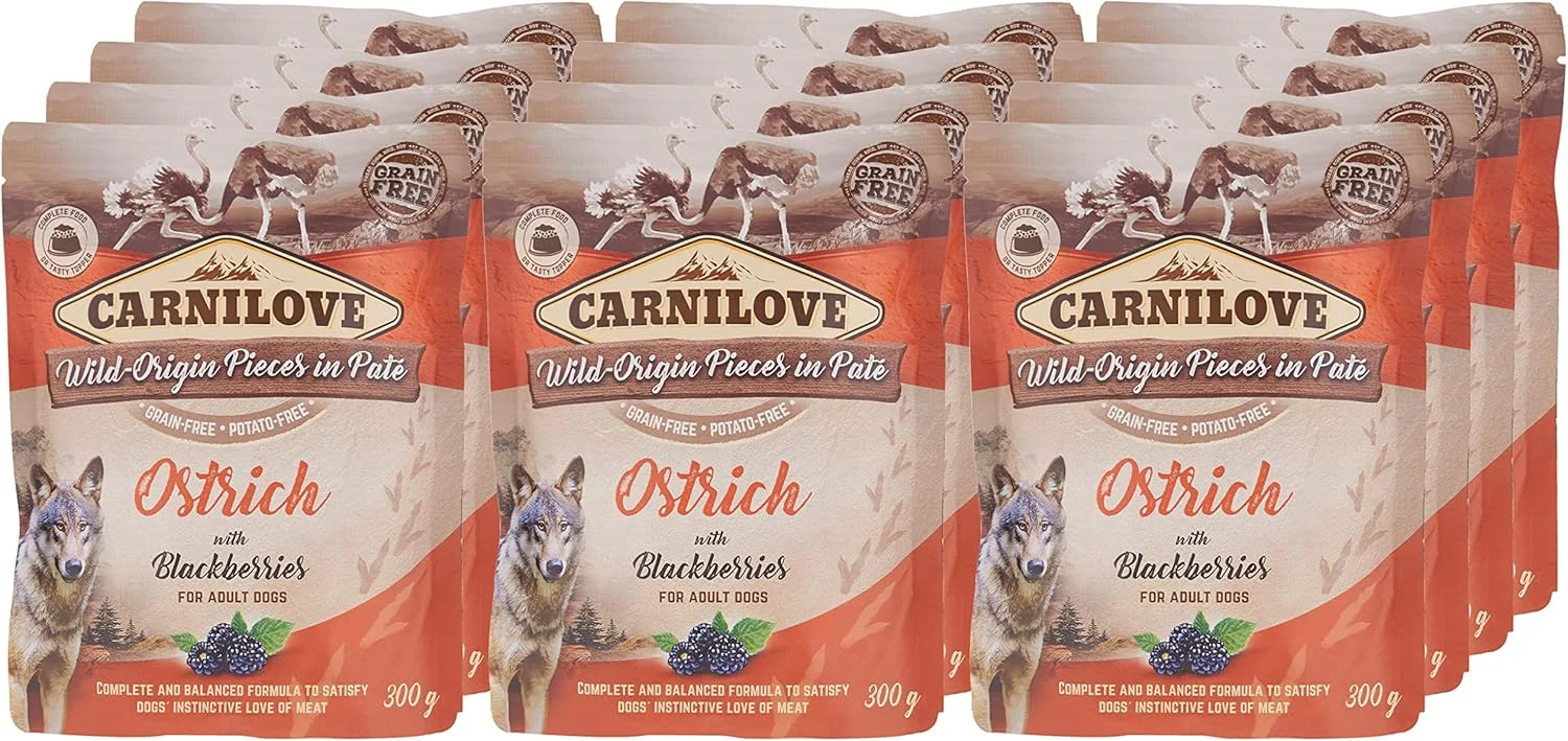 پوچ غذای مرطوب سگ بالغ کارنیلاو با طعم شترمرغ و بلوبری 12x300 گرم