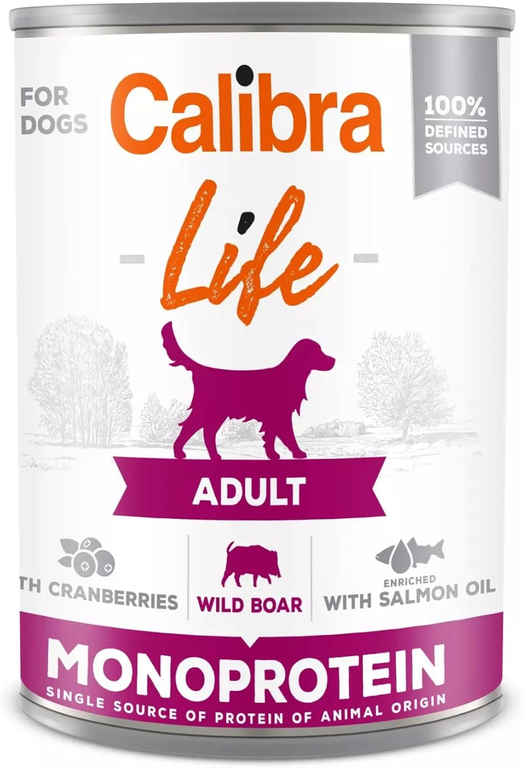 کنسرو غذای سگ بالغ کالیبرا لایف با گوشت گراز وحشی و کرنبری 400 گرمی کنسرو غذای سگ بالغ کالیبرا لایف با گوشت گراز وحشی و کرنبری 400 گرمی