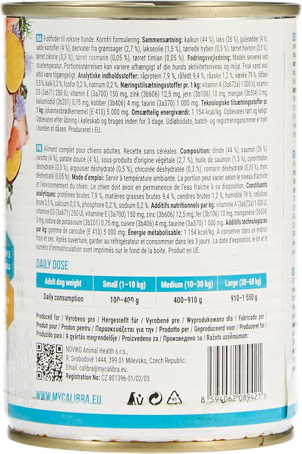 کنسرو غذای سگ بالغ کالیبرا Verve GF با طعم سالمون و بوقلمون 400 گرمی