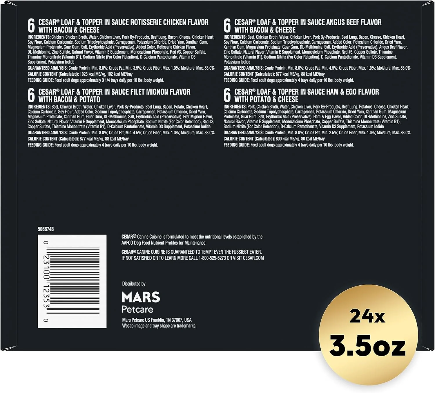 غذای مرطوب سگ بالغ سزار، طعم های مرغ بریان، فیله مینیون، گوشت گاو آنگوس و همبرگر و تخم مرغ، بسته متنوع، 100 گرمی. بسته بندی آسان، (بسته 24 عددی)