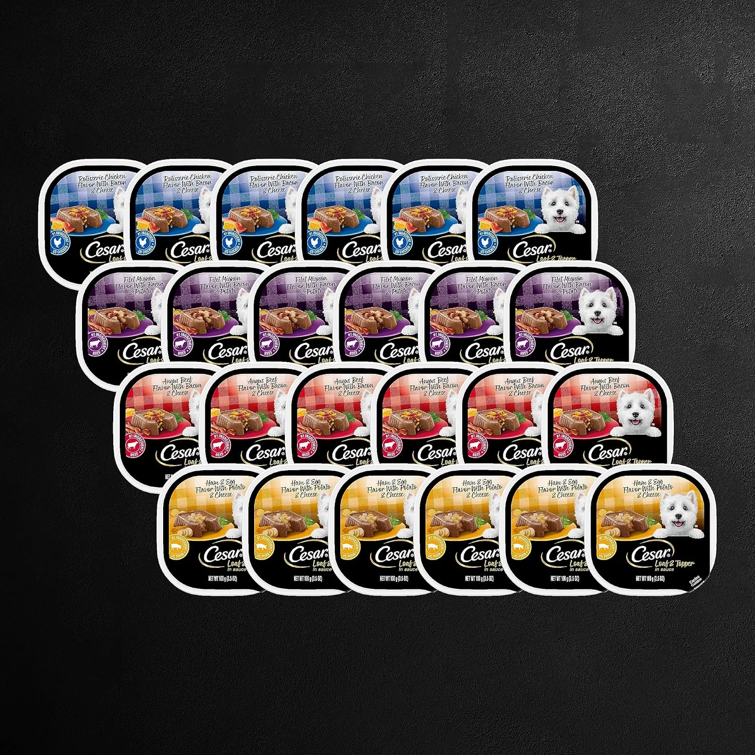 غذای مرطوب سگ بالغ سزار، طعم های مرغ بریان، فیله مینیون، گوشت گاو آنگوس و همبرگر و تخم مرغ، بسته متنوع، 100 گرمی. بسته بندی آسان، (بسته 24 عددی)