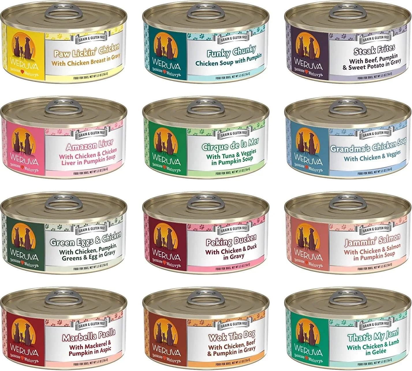 وروا غذای سگ کنسروی بدون غلات، بسته متنوع 12 طعم، 156 گرم