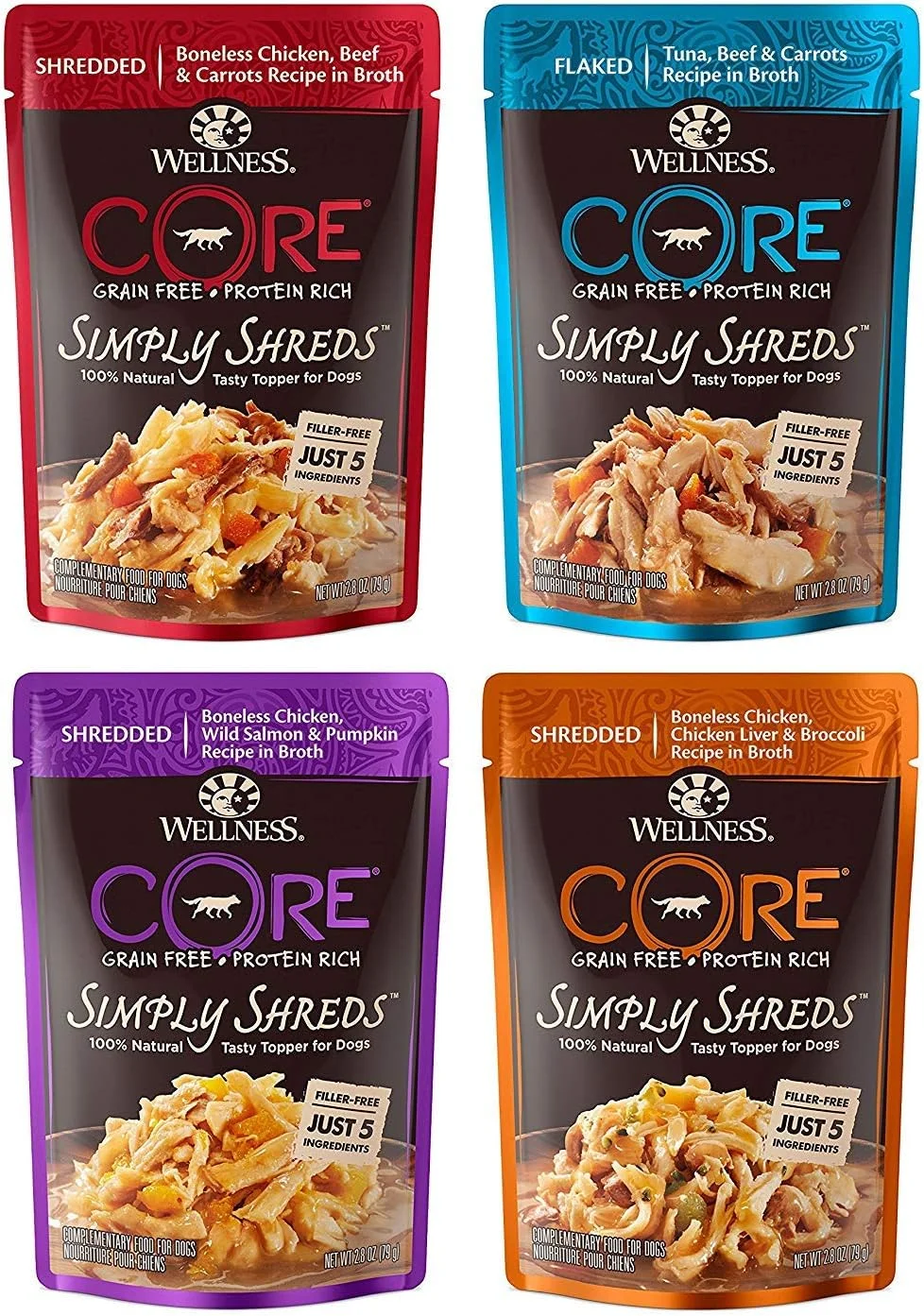 پک متنوع غذای سگ مرطوب بدون غلات ولنس CORE Simply Shreds، 4 طعم، 80 گرم (12 بسته در مجموع)