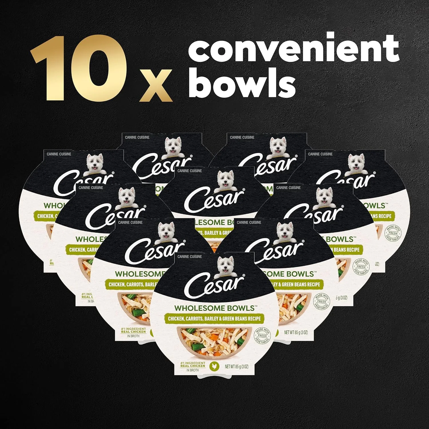 غذای سگ بالغ نرم و مرطوب سزار WHOLESOME BOWLS، طعم مرغ، هویج، جو و لوبیا سبز، (10) کاسه 85 گرمی