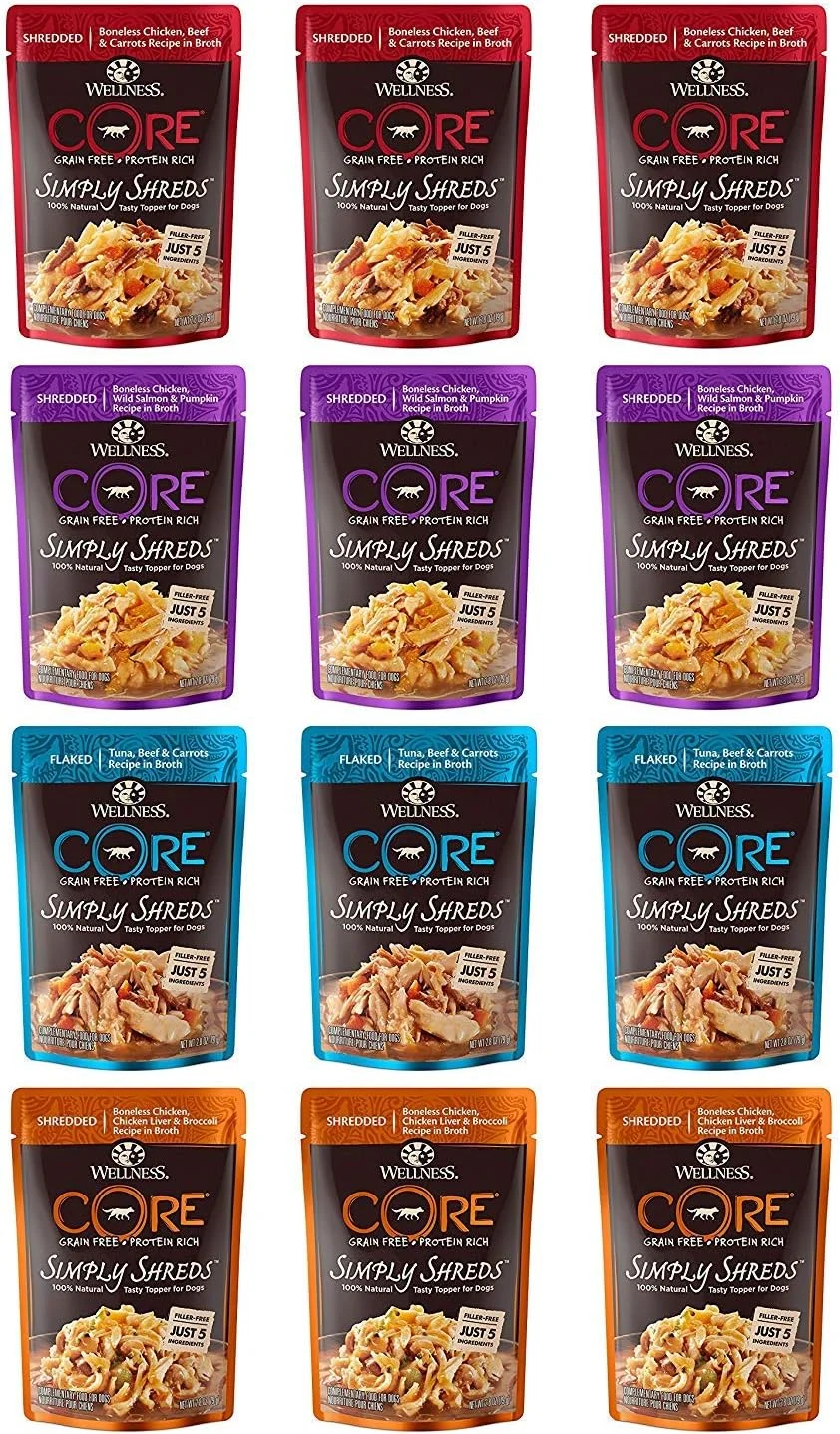 پک متنوع غذای سگ مرطوب بدون غلات ولنس CORE Simply Shreds، 4 طعم، 80 گرم (12 بسته در مجموع)