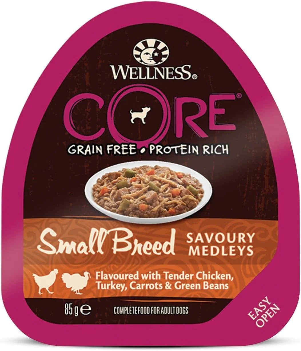غذای مرطوب سگ نژاد کوچک Wellness Core Savoury Medleys با طعم مرغ و بوقلمون، مناسب سگ بالغ، 85 گرم