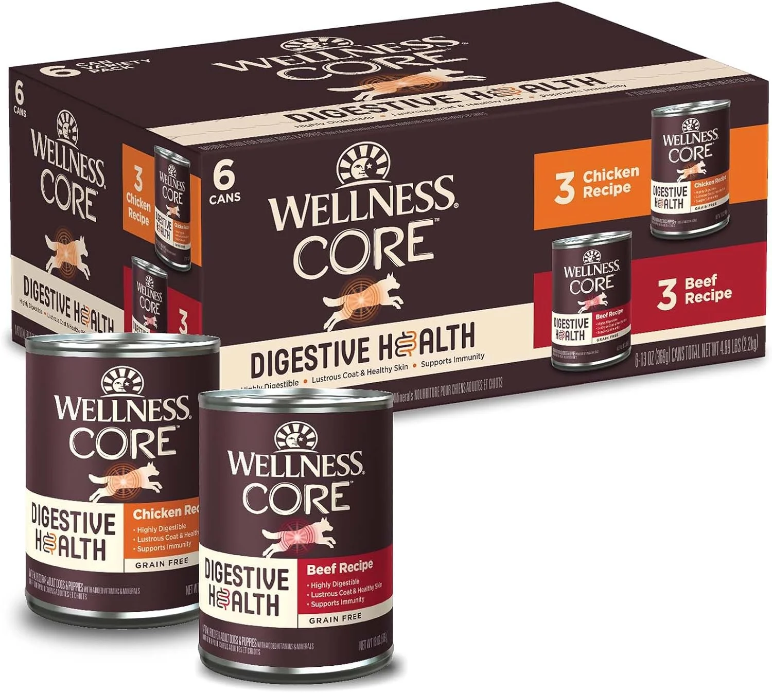 پک متنوع غذای مرطوب سگ بدون غلات با طعم مرغ و گوشت گاو Wellness CORE Digestive Health، قوطی 368 گرمی (بسته 6 عددی)