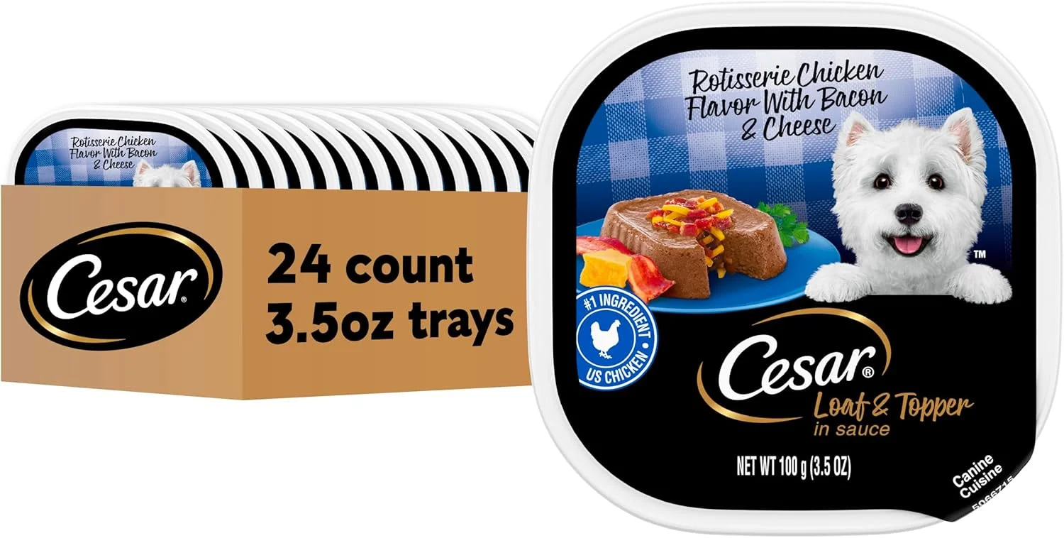 غذای مرطوب سگ بالغ سزار، طعم مرغ بریان با بیکن و پنیر، 100 گرم. بسته 24 عددی