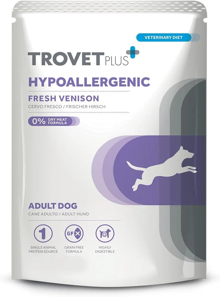 غذای مرطوب سگ Trovet Plus Hypoallergenic با طعم گوشت گوزن، غذای رژیمی دامپزشکی 300 گرمی