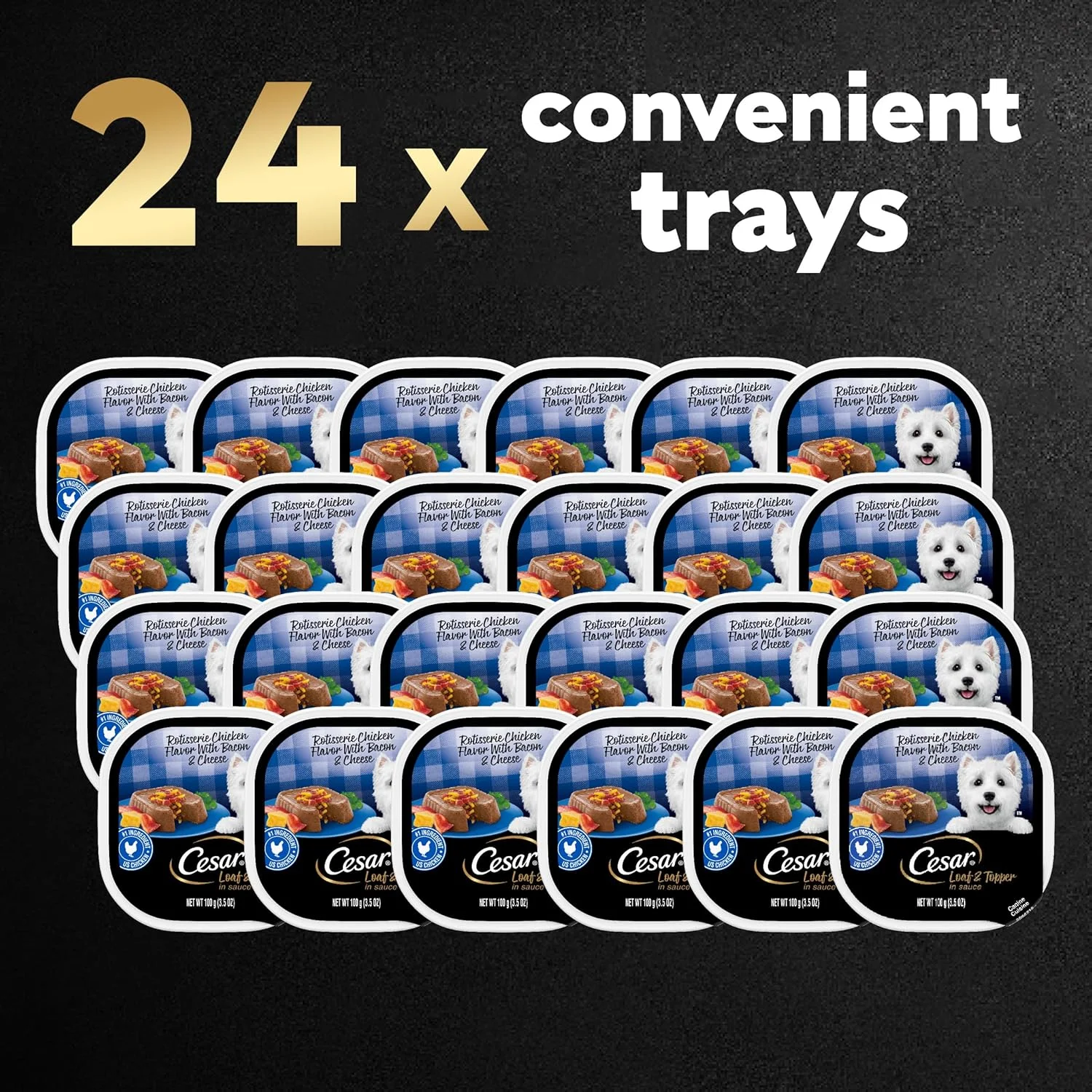 غذای مرطوب سگ بالغ سزار، طعم مرغ بریان با بیکن و پنیر، 100 گرم. بسته 24 عددی غذای مرطوب سگ بالغ سزار، طعم مرغ بریان با بیکن و پنیر، 100 گرم. بسته 24 عددی