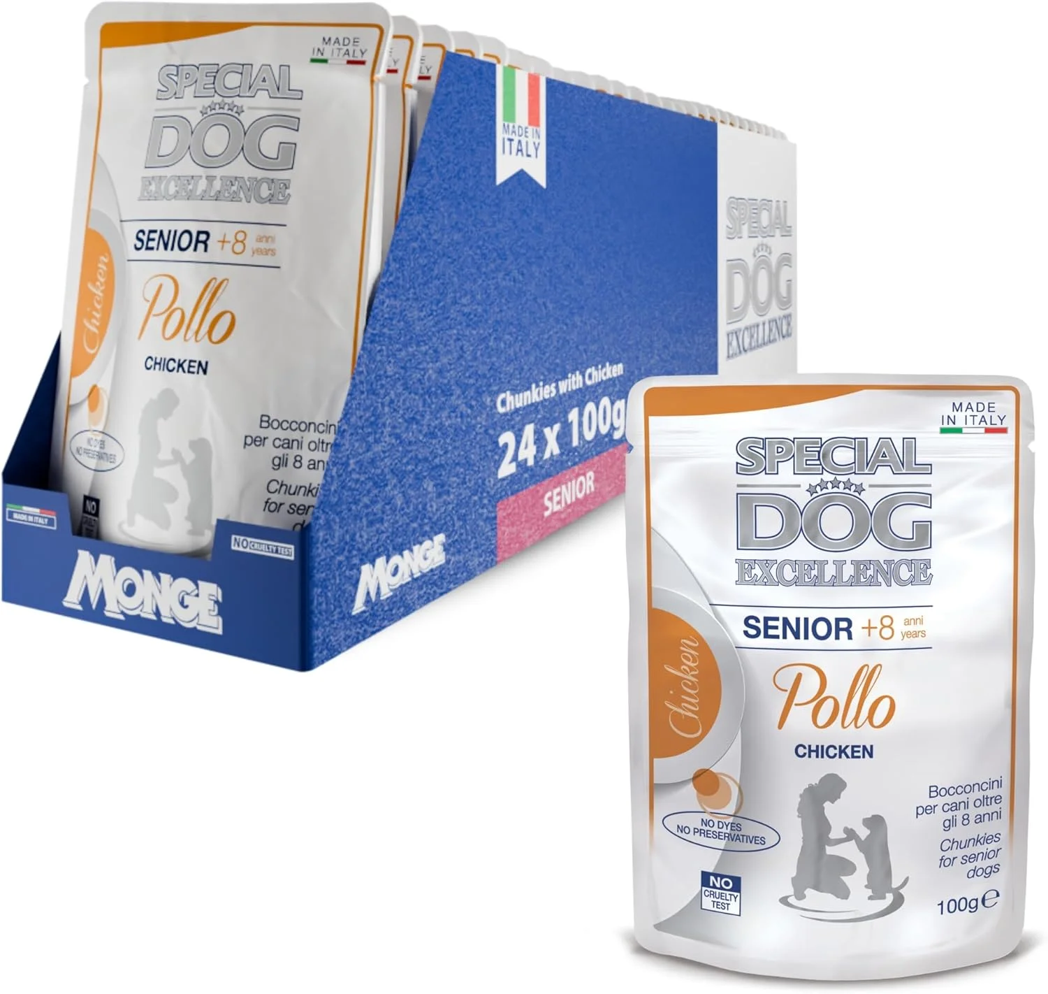 غذای مرطوب سگ مسن با تکه های مرغ در سس Special Dog Excellence by Monge | بسته 24 عددی 100 گرمی | ساخت ایتالیا