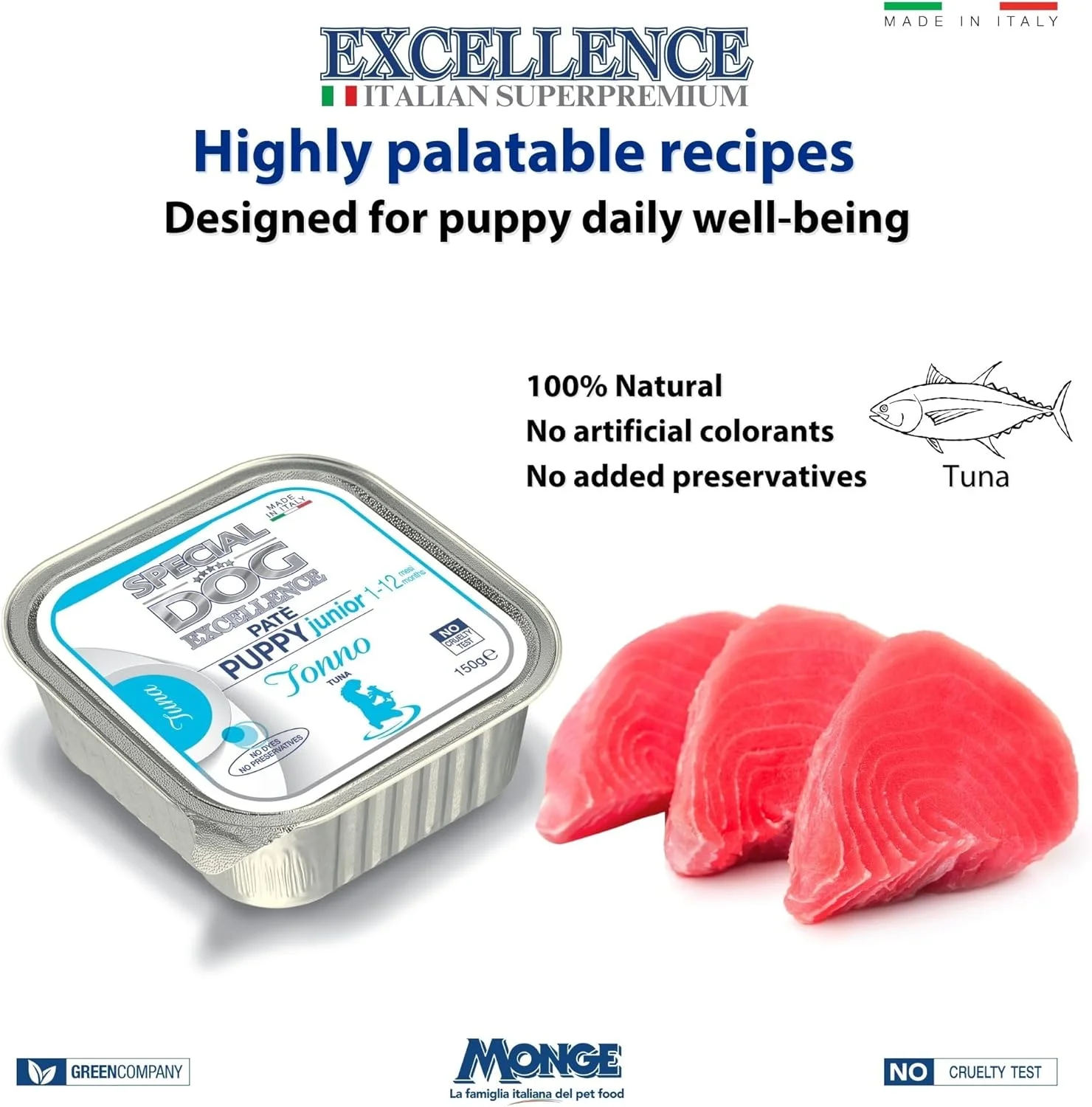 غذای مرطوب سگ بچه و جوان Special Dog Excellence by Monge | با طعم لذیذ پاته ماهی تن | پشتیبانی از هیدراتاسیون و خوش خوراکی | سینی آلومینیومی 150 گرمی | ساخت ایتالیا