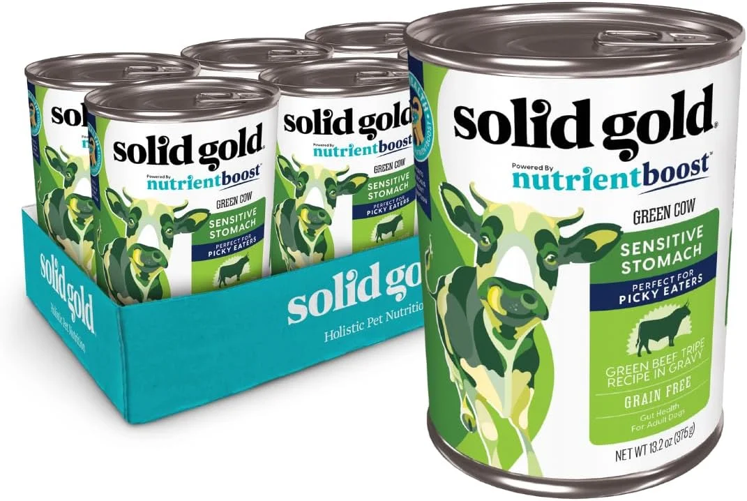 مخلوط غذای سگ گاو سبز Solid Gold مناسب سگ های بالغ و مسن بد غذا - افزودنی غذای سگ کنسروی با سیرابی گاو برای هضم سالم و معده حساس - بسته 6 عددی/قوطی های 374 گرمی