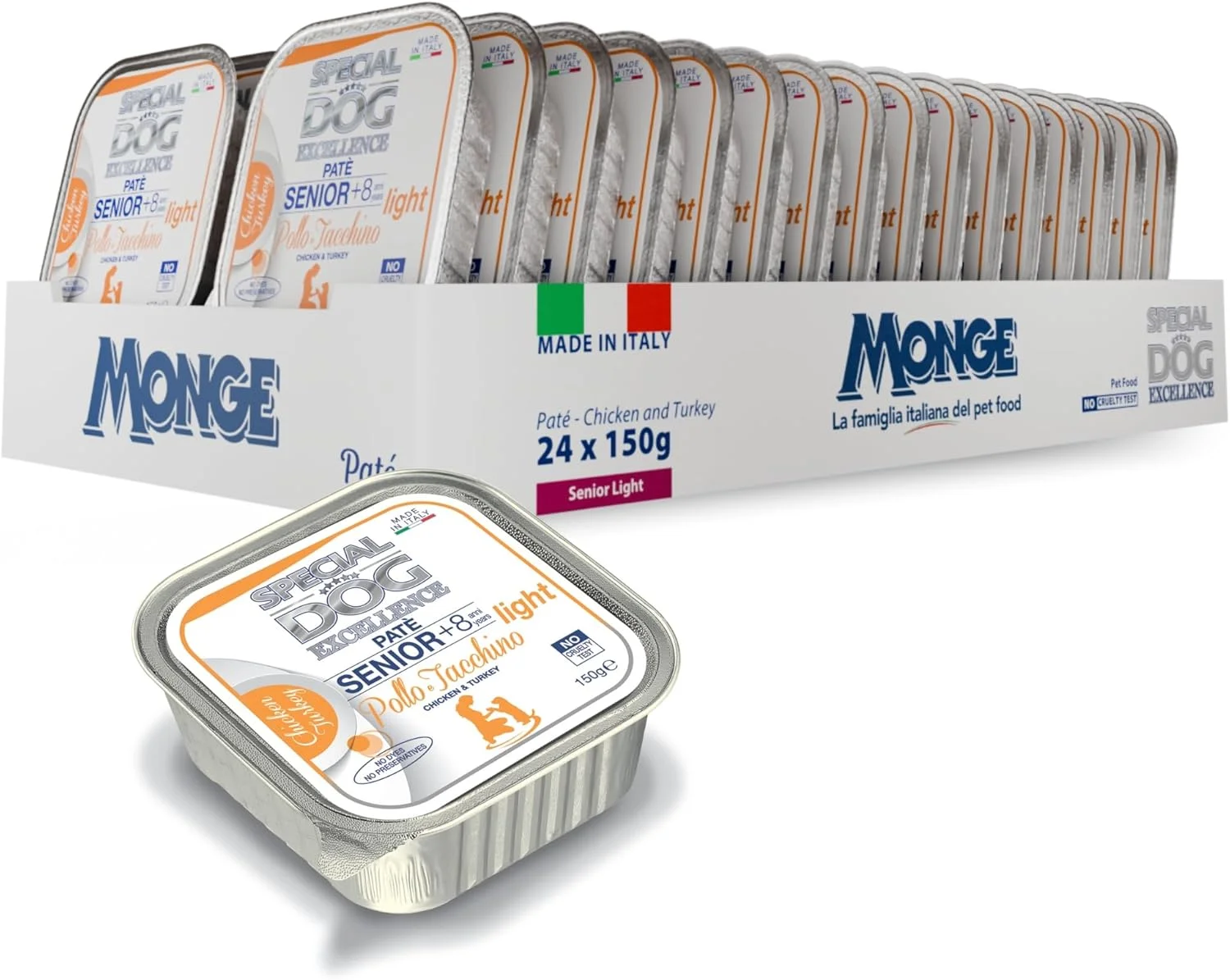 غذای مرطوب سگ مسن و رژیمی Special Dog Excellence by Monge | طعم لذیذ مرغ و بوقلمون | مناسب سگ های حساس و دارای اضافه وزن | بسته 24 عددی 150 گرمی | ساخت ایتالیا