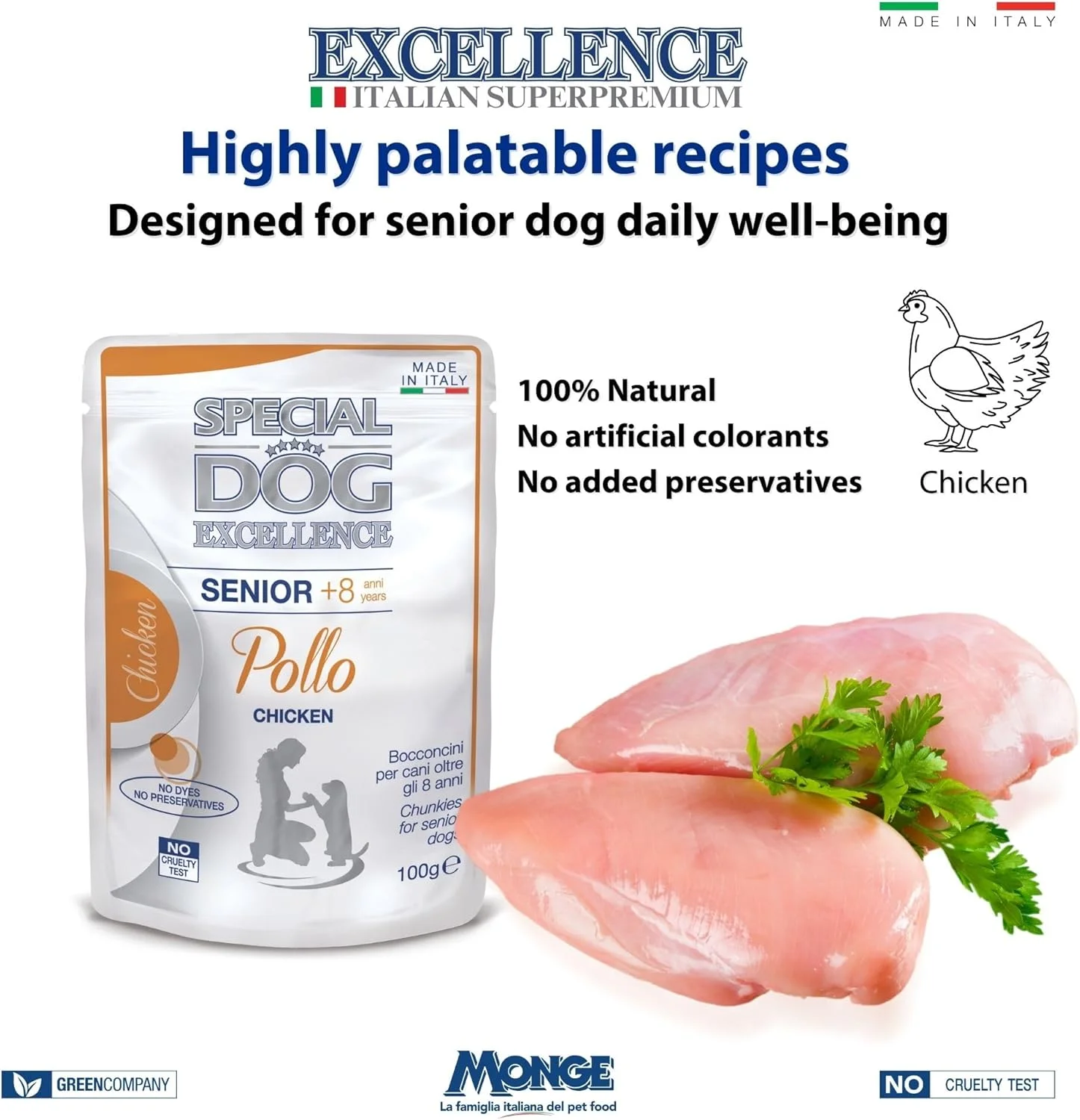 غذای مرطوب سگ مسن با تکه های مرغ در سس Special Dog Excellence by Monge | بسته 24 عددی 100 گرمی | ساخت ایتالیا