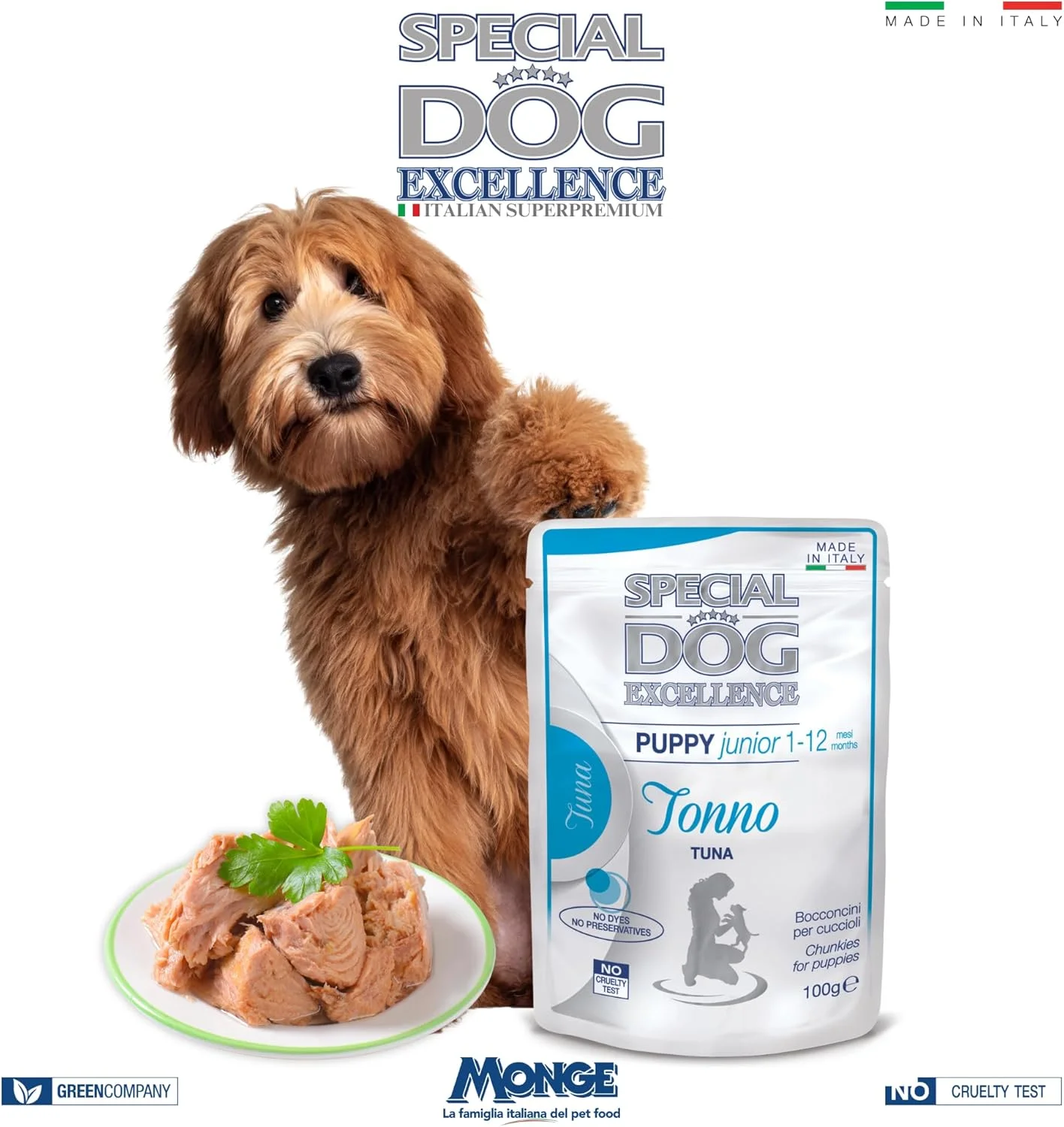 غذای مرطوب سگ بچه و جوان Special Dog Excellence by Monge با تکه های ماهی تن در سس | بسته 100 گرمی | ساخت ایتالیا