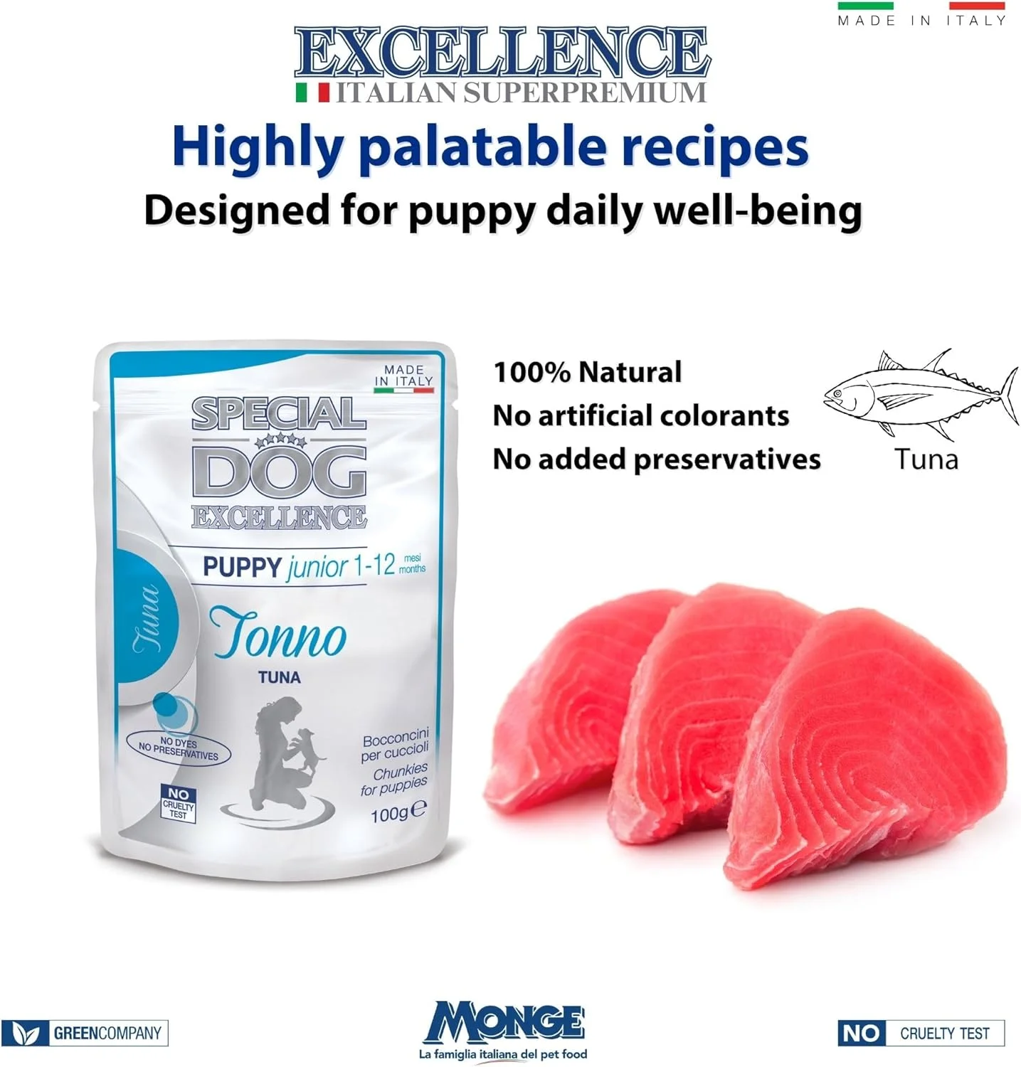 غذای مرطوب سگ بچه و جوان Special Dog Excellence by Monge با تکه های ماهی تن در سس | بسته 100 گرمی | ساخت ایتالیا
