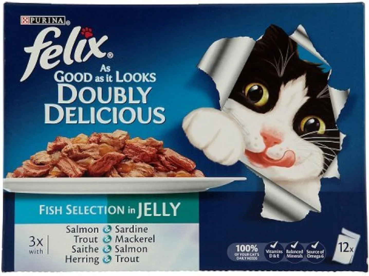 غذای مرطوب گربه پورینا فلیکس، طعم دوگانه ماهی در ژله، 12 بسته 100 گرمی