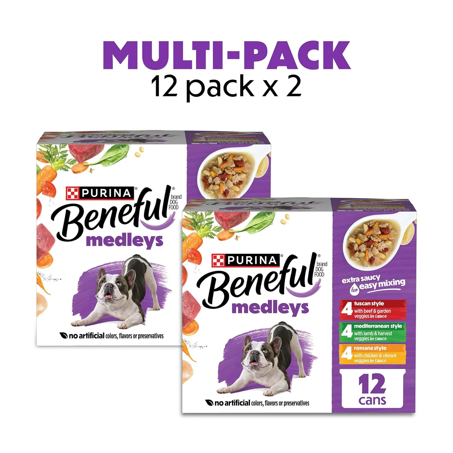 پک متنوع غذای مرطوب سگ Purina Beneful، مخلوط های سبک توسکانی، رومانا و مدیترانه ای - (2 بسته 12 تایی) قوطی های 85 گرمی