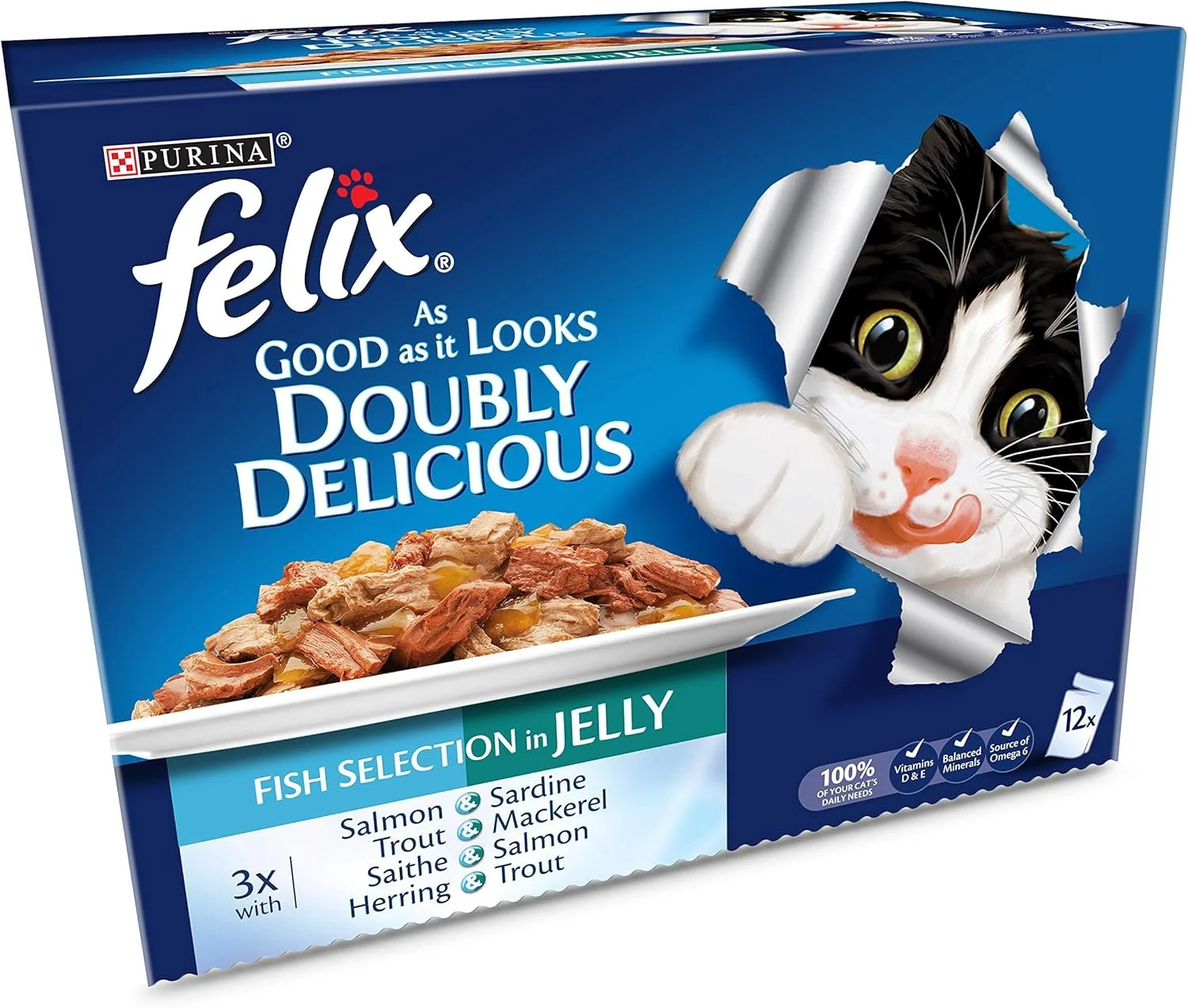 غذای مرطوب گربه پورینا فلیکس، طعم دوگانه ماهی در ژله، 12 بسته 100 گرمی