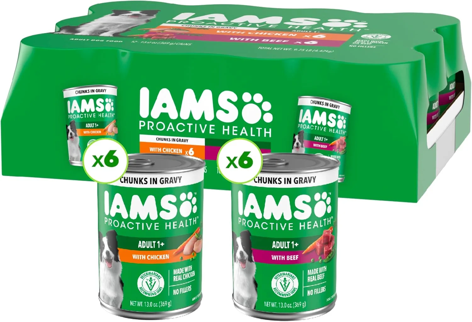 غذای مرطوب سگ بالغ Iams Proactive Health با طعم تکه های مرغ در آب گوشت یا تکه های گوشت گاو در آب گوشت، قوطی 368 گرمی (12 عدد، بسته 1 عددی)