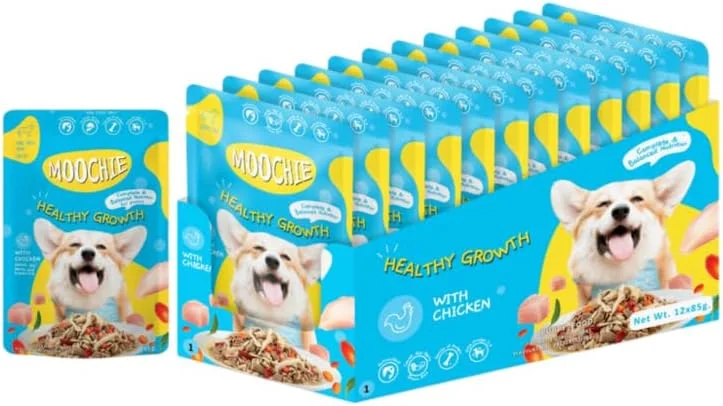 غذای مرطوب سگ پتز امپایر موچی، غذای گاوی بدون غلات، رشد سالم با مرغ، هویج، گوجی بری و برنج قهوه ای، غذای آبدار با پروتئین بالا برای سگ ها، غذای غیر گیاهی برای سگ، توله سگ (85 گرم X 12)