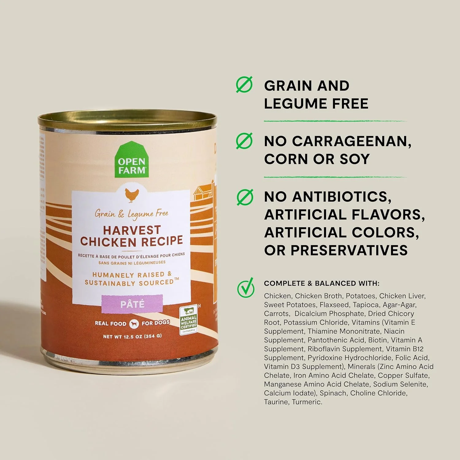 غذای کنسروی سگ اوپن فارم، پاته برای تغذیه کامل و متعادل، بدون غلات و حبوبات، دستور پخت مرغ برداشت، قوطی 354 گرمی (بسته 12 عددی)