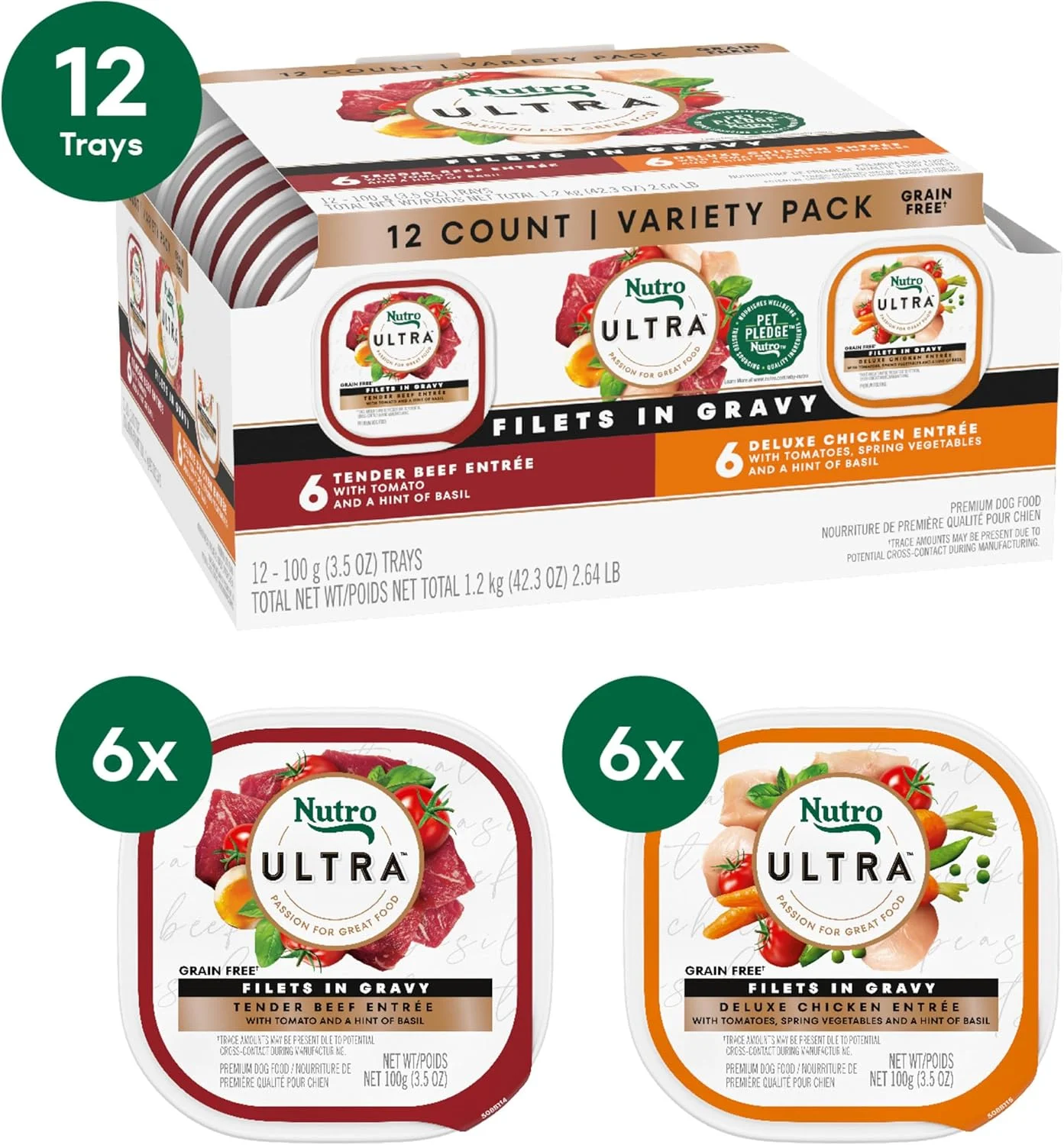 غذای مرطوب و نرم سگ بالغ بدون غلات NUTRO ULTRA، فیله در سس گریوی، بسته متنوع بیسترو، (12) سینی 3.5 اونسی