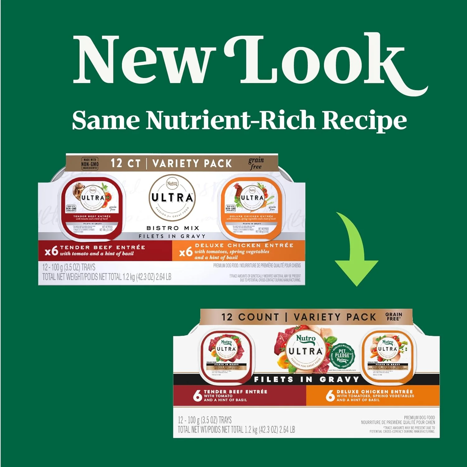 غذای مرطوب و نرم سگ بالغ بدون غلات NUTRO ULTRA، فیله در سس گریوی، بسته متنوع بیسترو، (12) سینی 3.5 اونسی