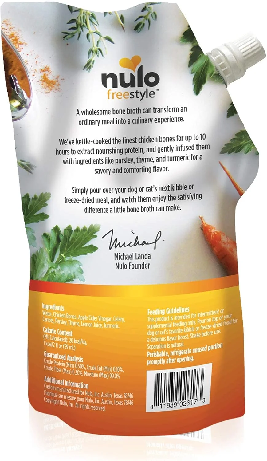 آبگوشت استخوان نولو فری استایل برای سگ و گربه، طعم مرغ، ساشه چاشنی خوشمزه غذای حیوانات خانگی با زردچوبه، سوپ مغذی، چاشنی ممتاز غذای سگ و گربه، آب گوشت و سس، 20 Fl Oz (بسته 1 عددی)