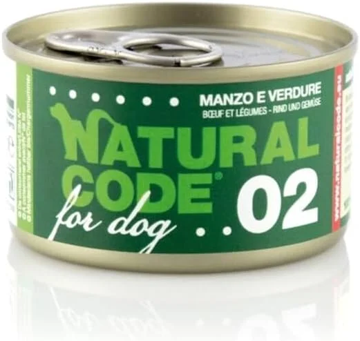 غذای مرطوب سگ با طعم گوشت گاو و سبزیجات Natural Code 02، پخته شده در آب، 90 گرم