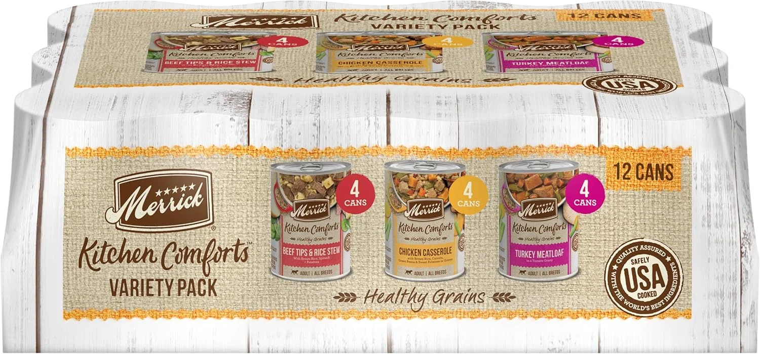 غذای مرطوب سگ با طعم آب گوشت Merrick Kitchen Comforts، بسته متنوع غذای سگ با گوشت واقعی و برنج قهوه ای به همراه غلات - قوطی 360 گرمی غذای مرطوب سگ با طعم آب گوشت Merrick Kitchen Comforts، بسته متنوع غذای سگ با گوشت واقعی و برنج قهوه ای به همراه غلات - قوطی 360 گرمی