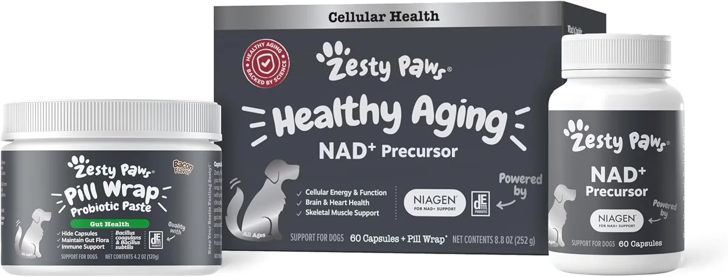 مکمل پیش ساز NAD+ برای سگ ها از Zesty Paws - نیاژن برای حمایت از پیری سالم، حمایت و ریکاوری عضلات اسکلتی - حمایت از انرژی مغز، قلب و سلولی - نیکوتین آمید ریبوزید کلراید - 60 کپسول
