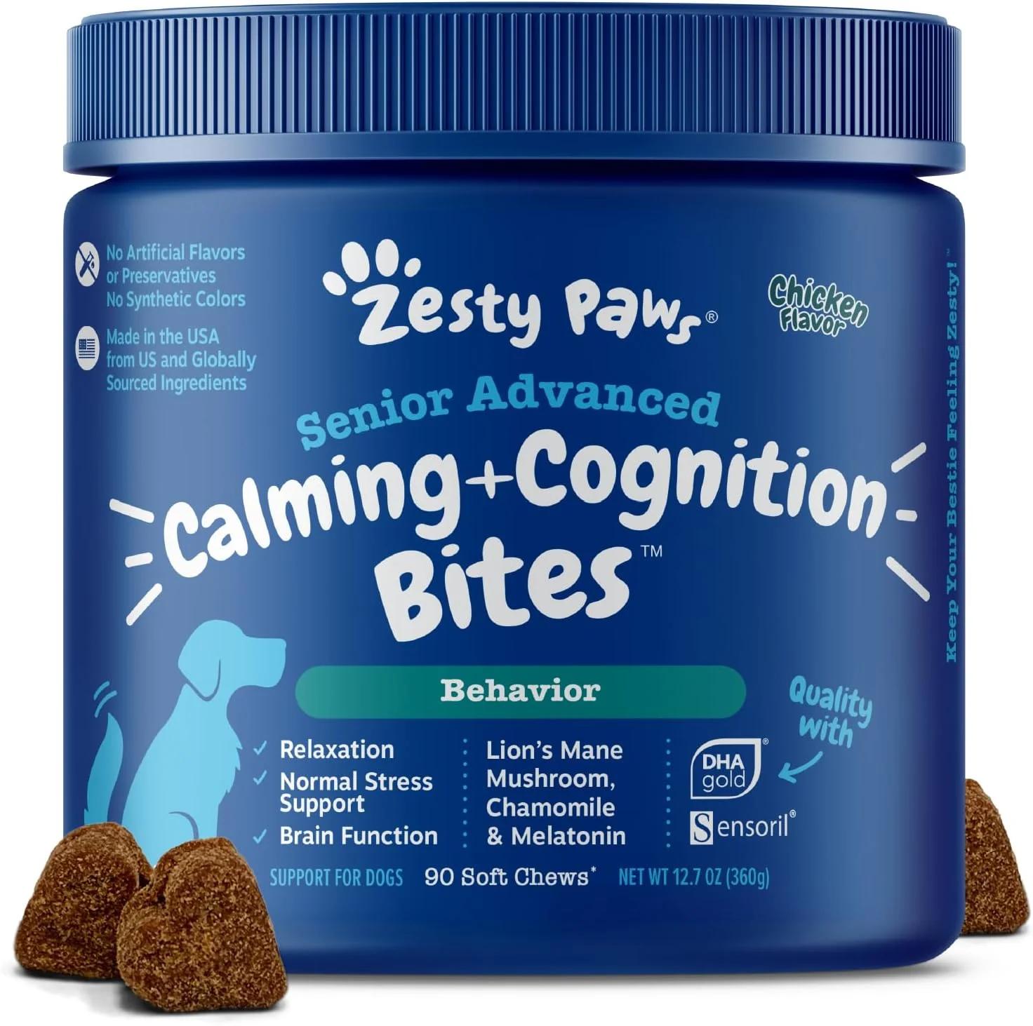 تشویقی نرم و آرام‌بخش و تقویت‌کننده شناختی سگ‌های مسن Zesty Paws - مکمل‌های سلامت مغز و حمایت از سیستم عصبی سگ + آرامش و ریلکسیشن - حاوی آشواگاندا، DHA و ملاتونین