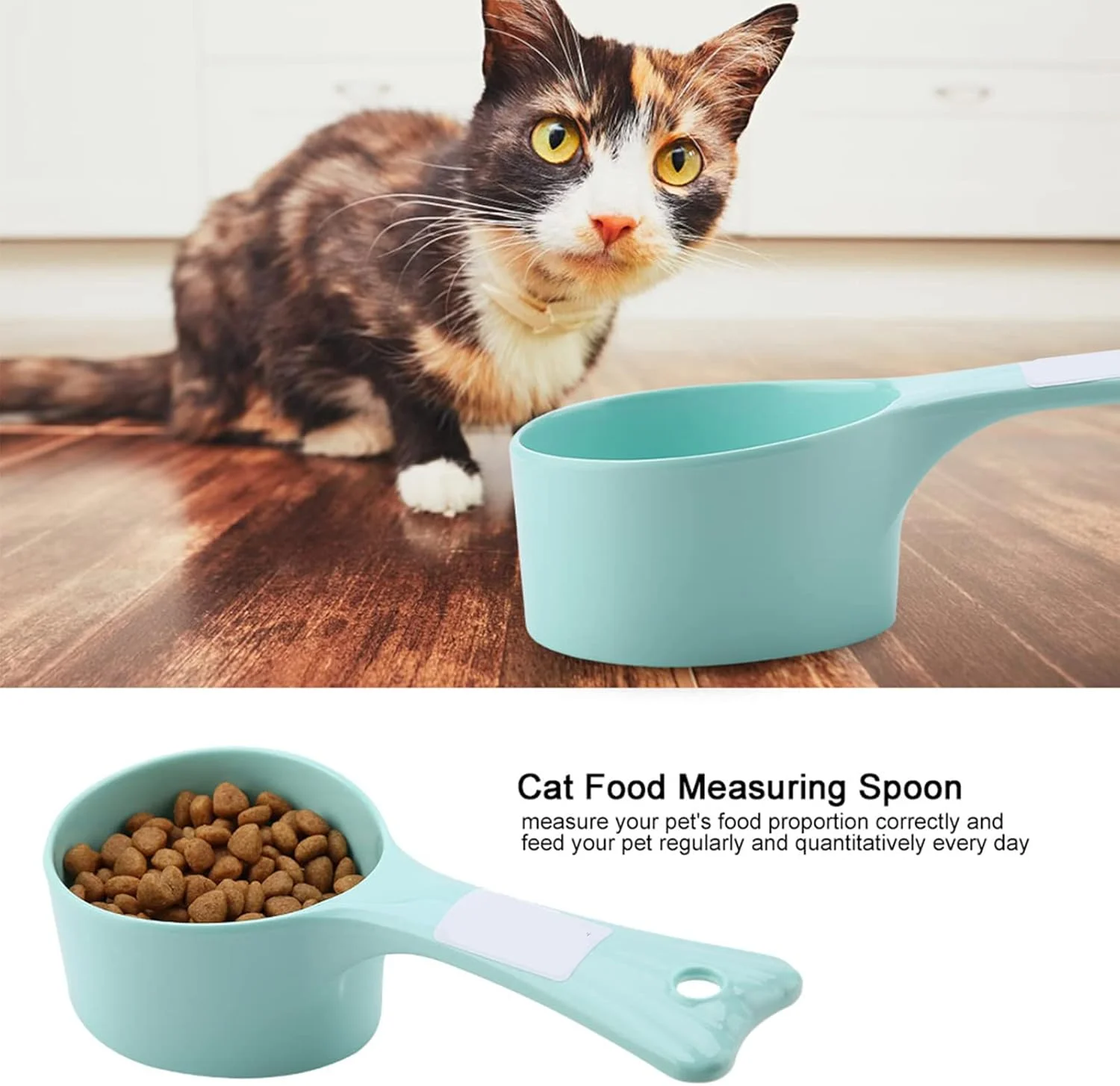 قاشق گربه، پیمانه قاشق اندازه گیری غذای حیوانات خانگی با سوراخ آویز، قابل شستشو در ماشین ظرفشویی، تمیز کردن آسان، طراحی دم ماهی، تغذیه منظم و کمی، غیر، قوی، مناسب برای نگهداری