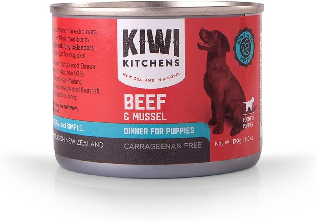 غذای کنسروی سگ کیوی کیچن طعم گوشت گاو تغذیه شده با علف و صدف سبز، مناسب توله سگ، 170 گرم