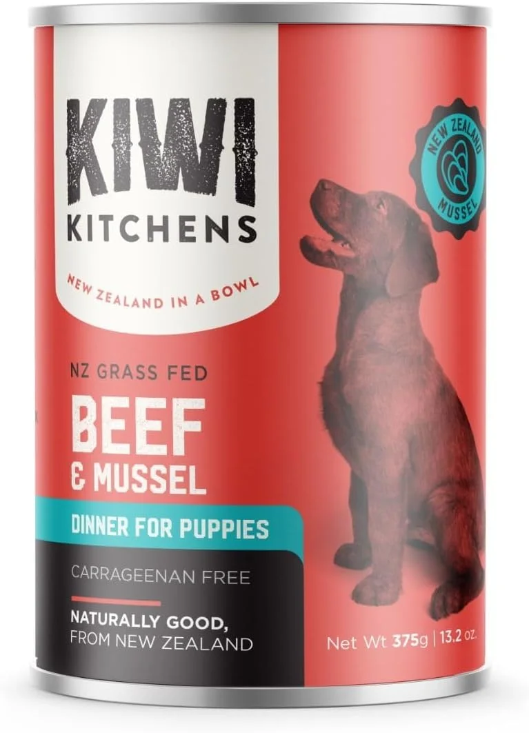 غذای کنسروی سگ کیوی کیچنز با گوشت گاو تغذیه شده با علف و صدف برای توله سگ، 375 گرم