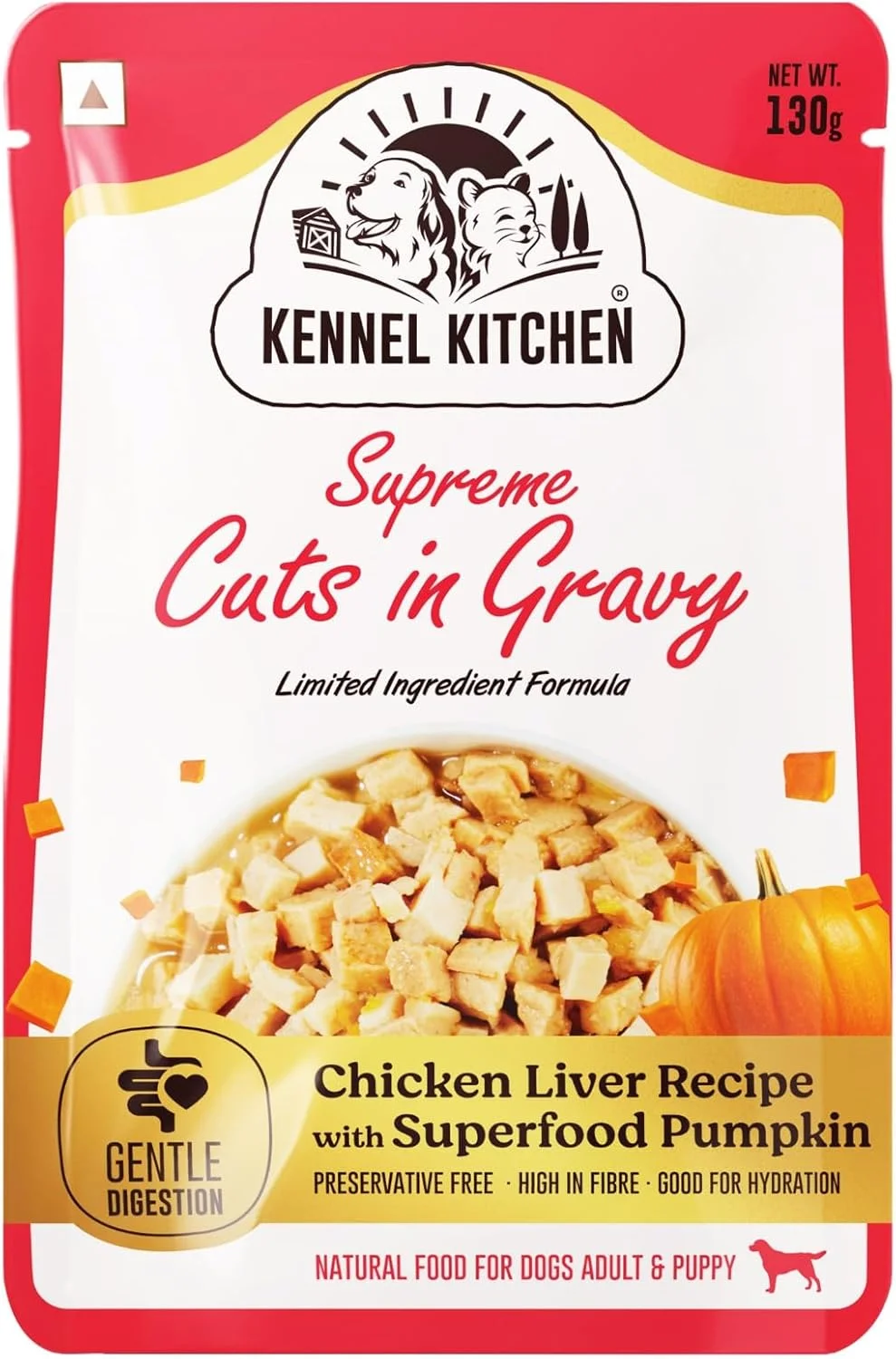 کنسرو غذای سگ کنل کیچن Supreme Cuts در آب گوشت، طعم جگر مرغ و کدو تنبل، 100 گرمی (بسته 12 عددی). غذای مرطوب سگ برای سگ بالغ و توله سگ