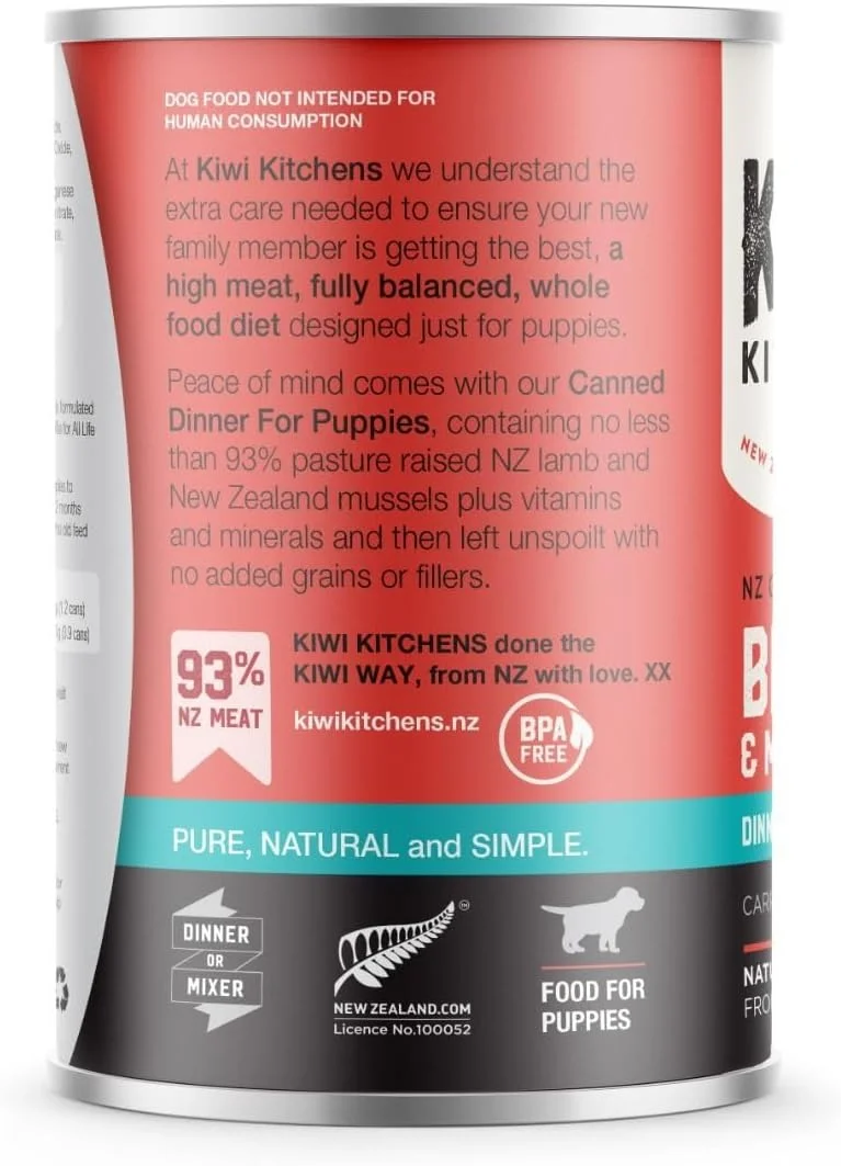 غذای کنسروی سگ کیوی کیچنز با گوشت گاو تغذیه شده با علف و صدف برای توله سگ، 375 گرم