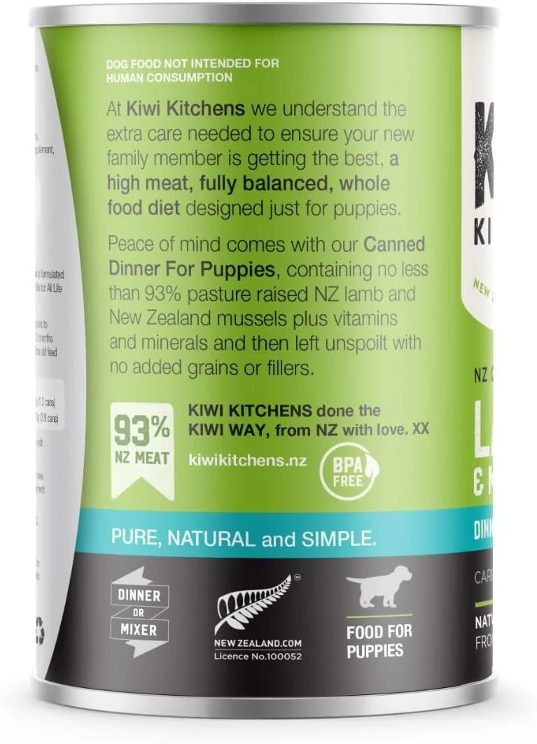 غذای مرطوب کنسروی سگ کیوی کیچنز با طعم بره تغذیه شده با علف و صدف سبز برای توله سگ، 375 گرم