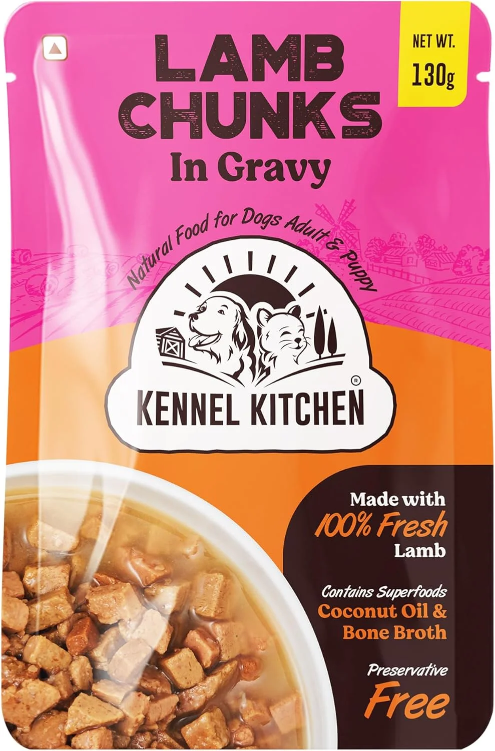 تکه های گوشت بره در آب گوشت کنل کیچن، 130 گرمی (بسته 12 عددی) | غذای مرطوب سگ برای سگ بالغ و توله سگ | آب گوشت غذای سگ با گوشت بره تازه تهیه شده منطقه ای | فاقد رنگ ها و مواد نگهدارنده مصنوعی