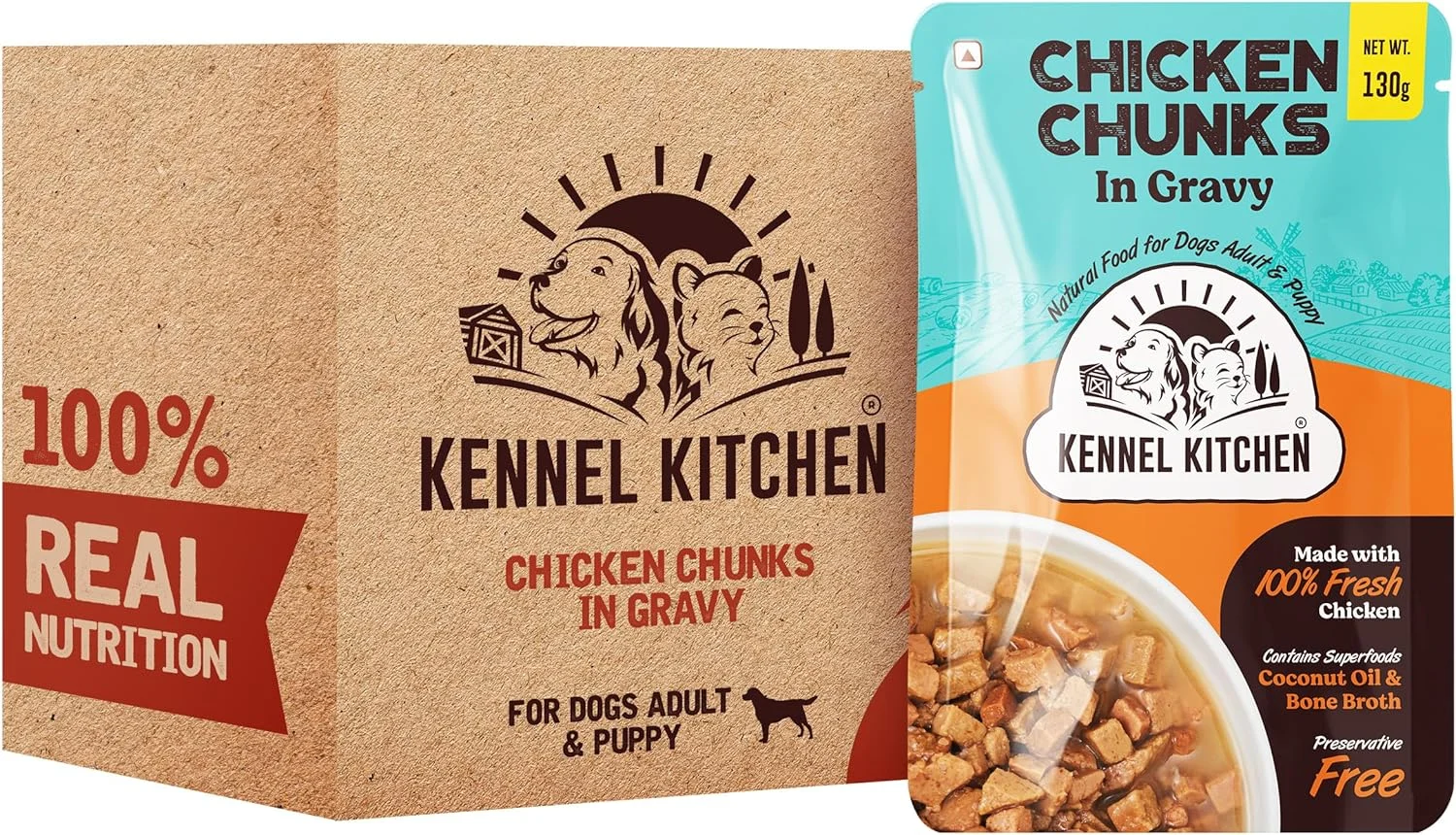 تکه های مرغ در آب گوشت کنل کیچن، 130 گرم (بسته 12 عددی) | غذای مرطوب سگ برای سگ بالغ و توله سگ | آب گوشت غذای سگ با مرغ تازه تهیه شده منطقه ای | فاقد رنگ ها و مواد نگهدارنده مصنوعی