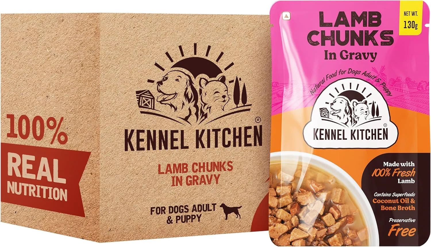 تکه های گوشت بره در آب گوشت کنل کیچن، 130 گرمی (بسته 12 عددی) | غذای مرطوب سگ برای سگ بالغ و توله سگ | آب گوشت غذای سگ با گوشت بره تازه تهیه شده منطقه ای | فاقد رنگ ها و مواد نگهدارنده مصنوعی