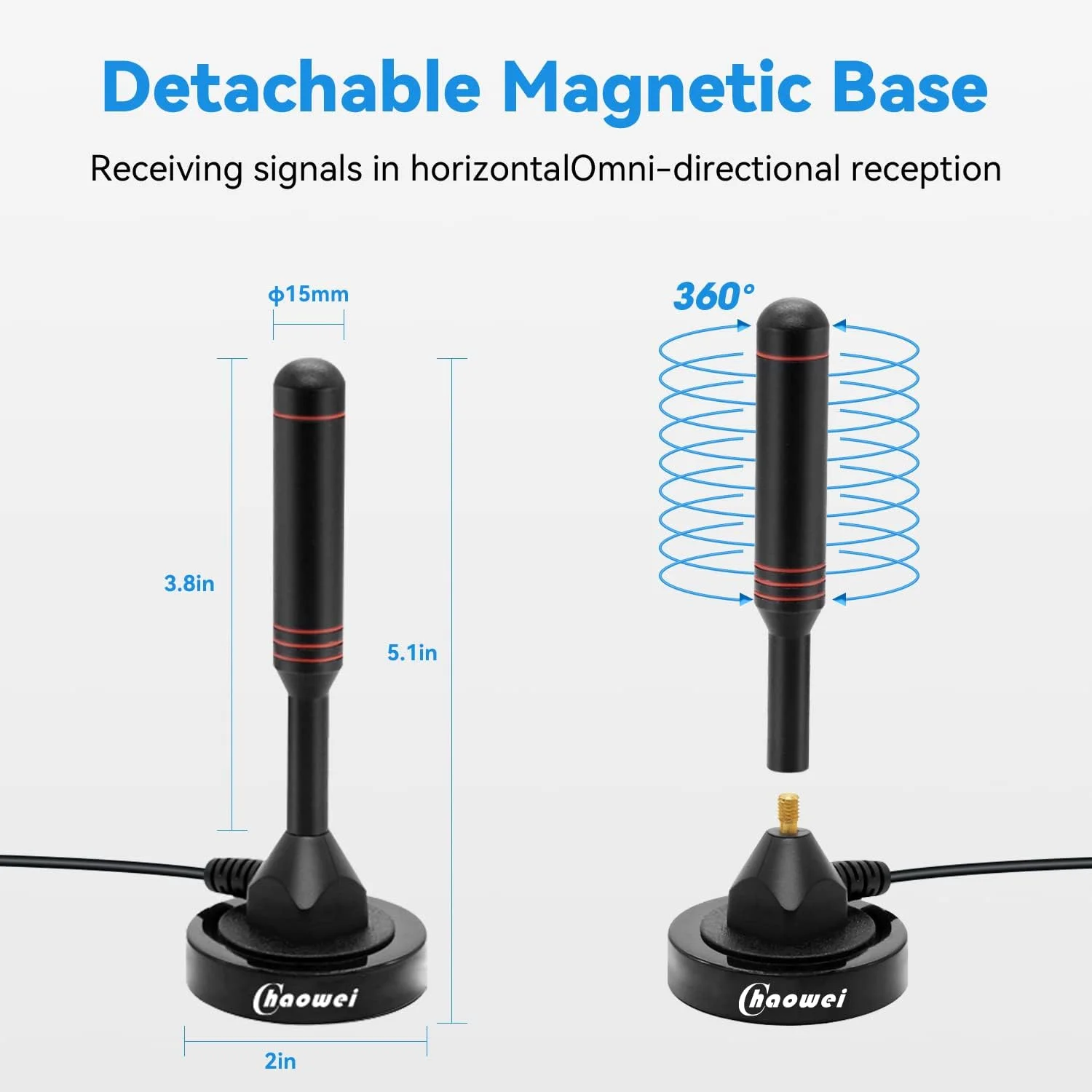 آنتن تلویزیون دیجیتال داخلی Chaowei DVB66 - آنتن تلویزیون قابل حمل داخلی/خارجی برای تلویزیون ATSC، تیونر تلویزیون PCI/USB - با پایه مغناطیسی