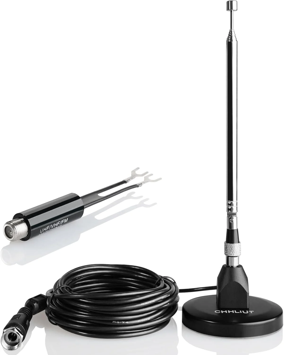 آنتن اف ام CHHLIUT برای گیرنده استریو - پایه مغناطیسی، کابل کواکسیال 5 متری، جمع شونده، دریافت عالی اف ام برای سیستم سینمای خانگی
