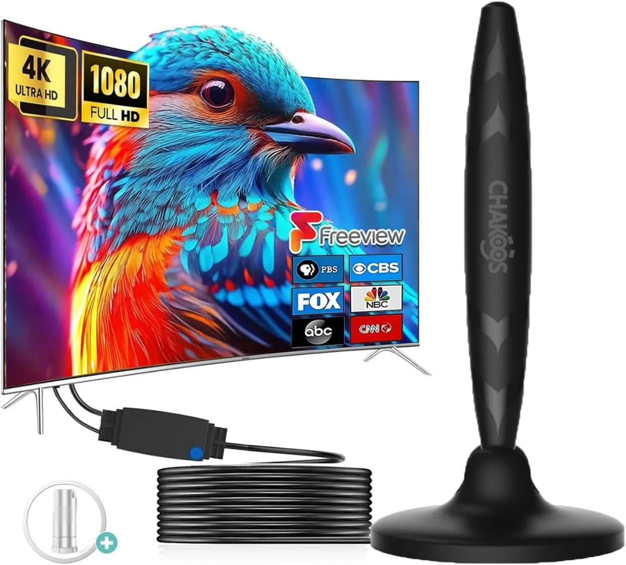 آنتن تلویزیون قابل حمل داخلی/خارجی CHAKOOS، پایه مغناطیسی، گیرندگی 360 درجه، بهره بالا، دیجیتال فری ویو، 4K 1080P، VHF UHF، مشکی
