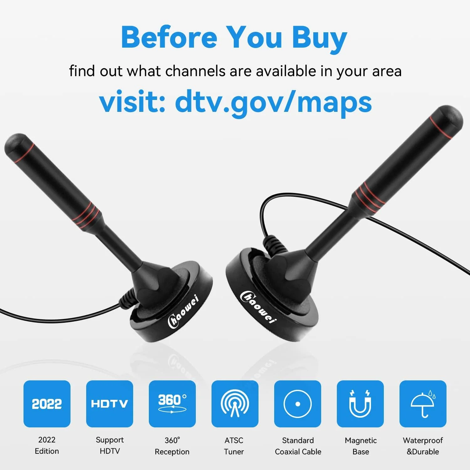 آنتن تلویزیون دیجیتال داخلی Chaowei DVB66 - آنتن تلویزیون قابل حمل داخلی/خارجی برای تلویزیون ATSC، تیونر تلویزیون PCI/USB - با پایه مغناطیسی