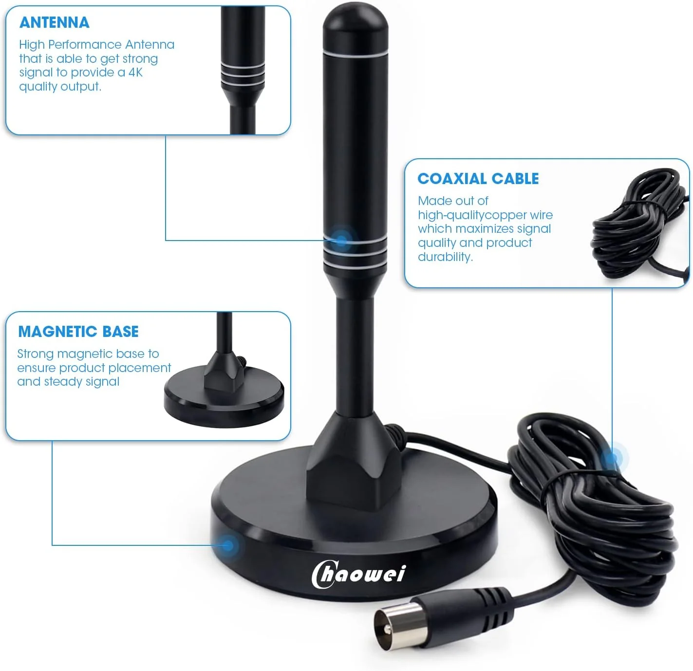 تقویت کننده آنتن Chaowei dvb-t2 با پایه مغناطیسی برای استفاده در فضای باز و داخل خانه، آنتن 120 مایلی dvbt2 فعال با تقویت کننده خارجی، کابل کواکسیال 6.5 فوت