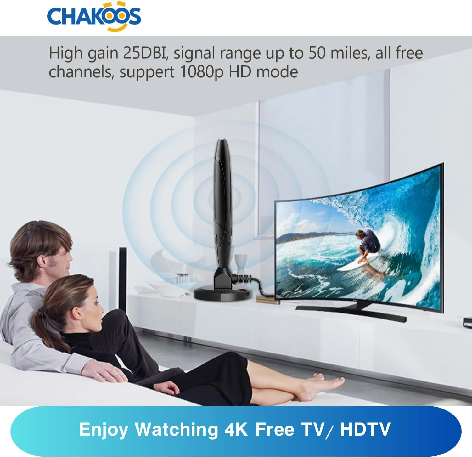 آنتن تلویزیون قابل حمل داخلی/خارجی CHAKOOS، پایه مغناطیسی، گیرندگی 360 درجه، بهره بالا، دیجیتال فری ویو، 4K 1080P، VHF UHF، مشکی