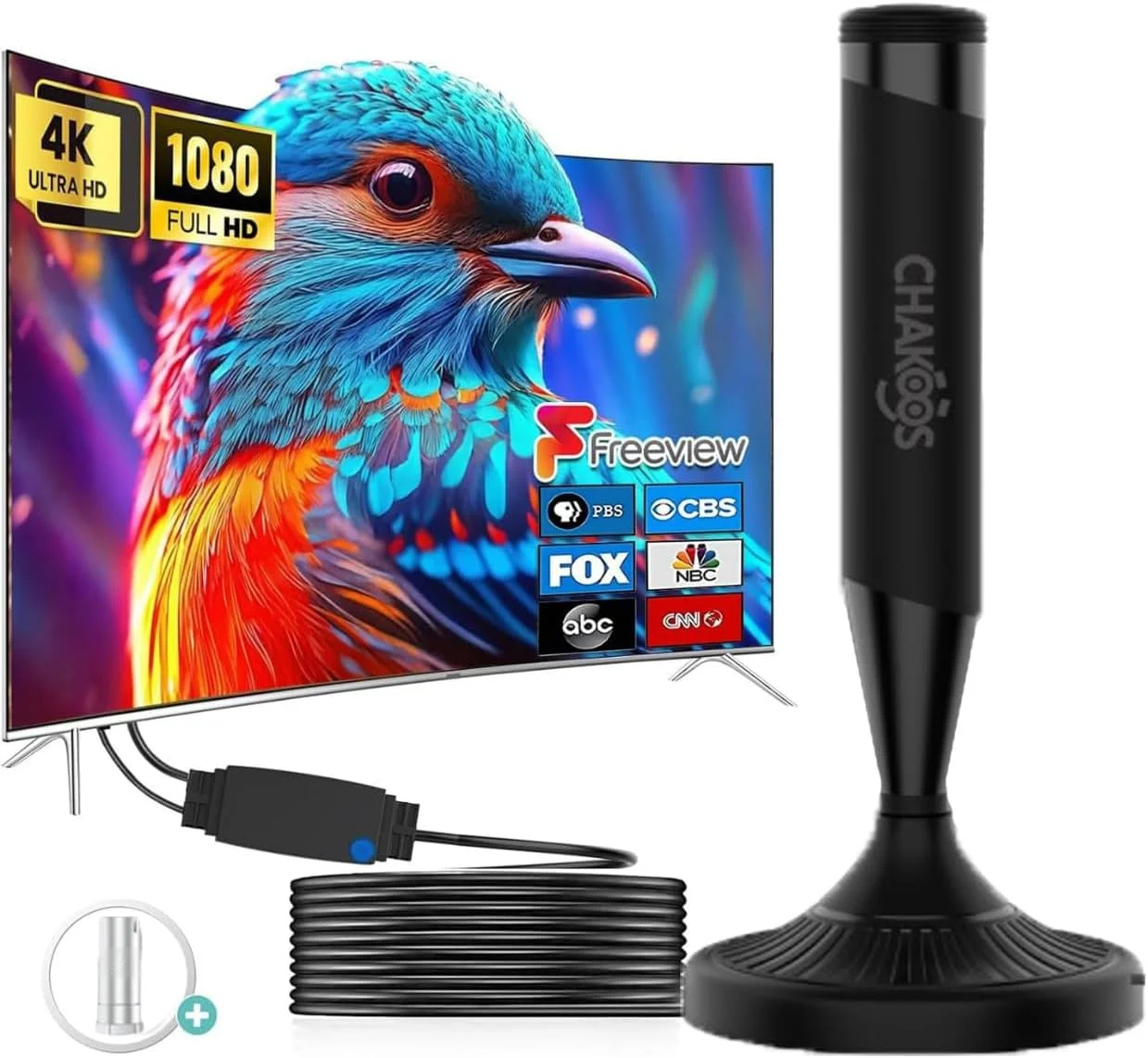 آنتن تلویزیون داخلی CHAKOOS برای گیرنده سیگنال تلویزیون دیجیتال، با کانکتور F نر، پایه مغناطیسی